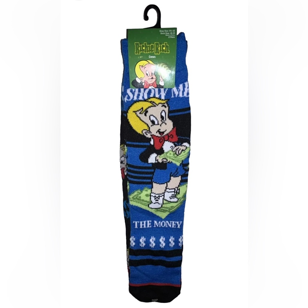 Richie $ Rich Crew Socks 2 Pair Men's 6.5-12 Blue Black w $ Harvey Comics NEW!